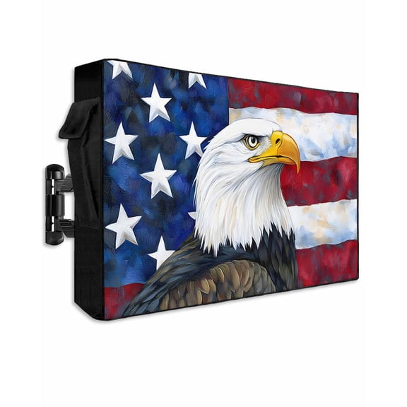 4th of July Outdoor TV Cover 60 to 65 Inch Weatherproof, Independence Day American Flag Eagle Blue Red 600D Oxford TV Covers with Waterproof Zipper, Outside Flat TV Screen Protector 58"Wx37"Hx4.5"D