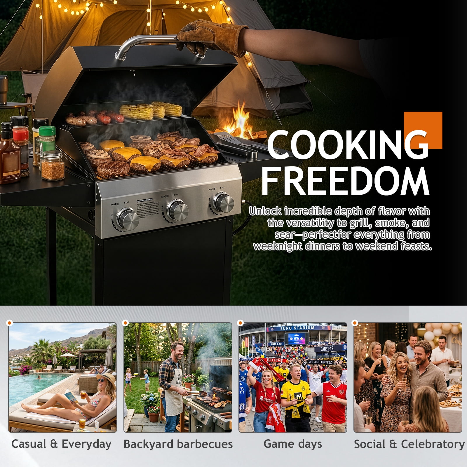 Ktaxon 3 Burner Propane Gas Grill 36,000 BTU with Lid,Ceramic Coated Cast Iron Rack,Side Shelves,Wheels