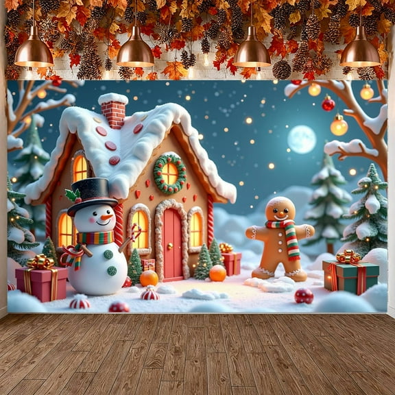 Gingerbread House Christmas Banner Snowman Xmas Display Gifts Christmas Tree Holiday Backdrop for Christmas Party Winter Gathering Home Decoration