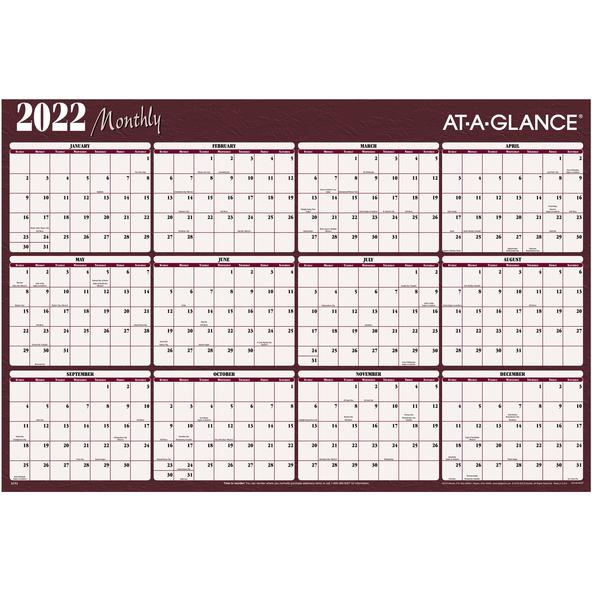 At A Glance Horizontal Erasable Yearly Wall Calendar Reversible 48 X
