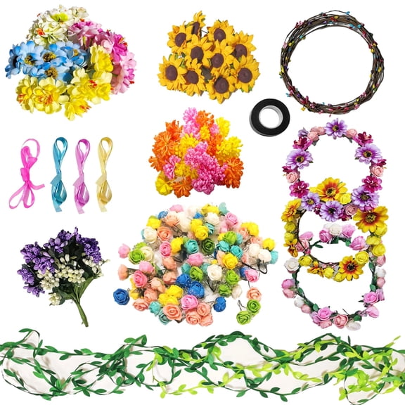 DIY Flower Crown Kit for Girls, Headband Making Set, Pink Floral Craft Supplies, Create Twelve Unique Designs, Perfect for Parties