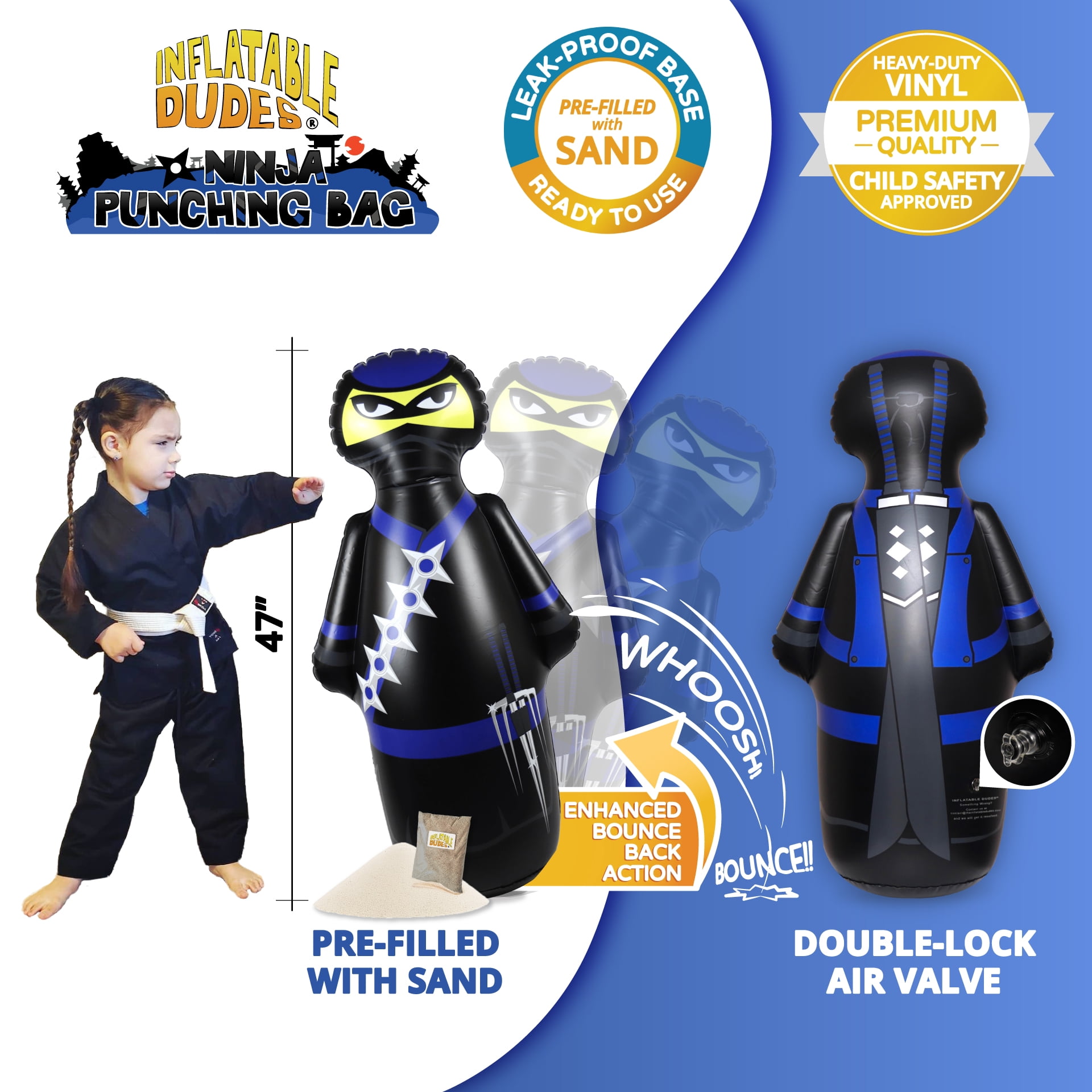 INFLATABLE DUDES Black and Blue Ninja 47 inches - Kids Punching Bag | Filled with Sand