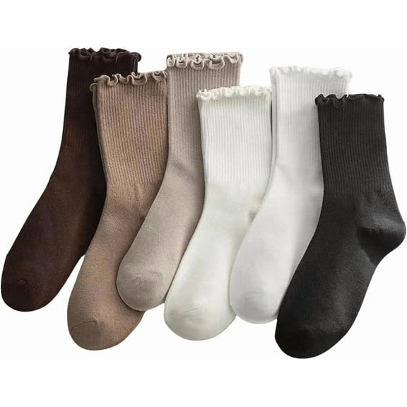 YooGuoGuo Women's 6 Pair Lettuce Trim Knitted Crew Socks Causal Mid Calf Socks