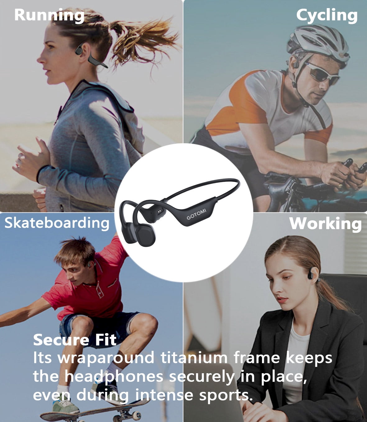Gotomi Bone Conduction Headphones, Bluetooth Wireless Earbuds Open Ear Headphones Wireless Waterproof Sweatproof Bluetooth Earbuds Earphones for Sports Running Gym Workout Cycling