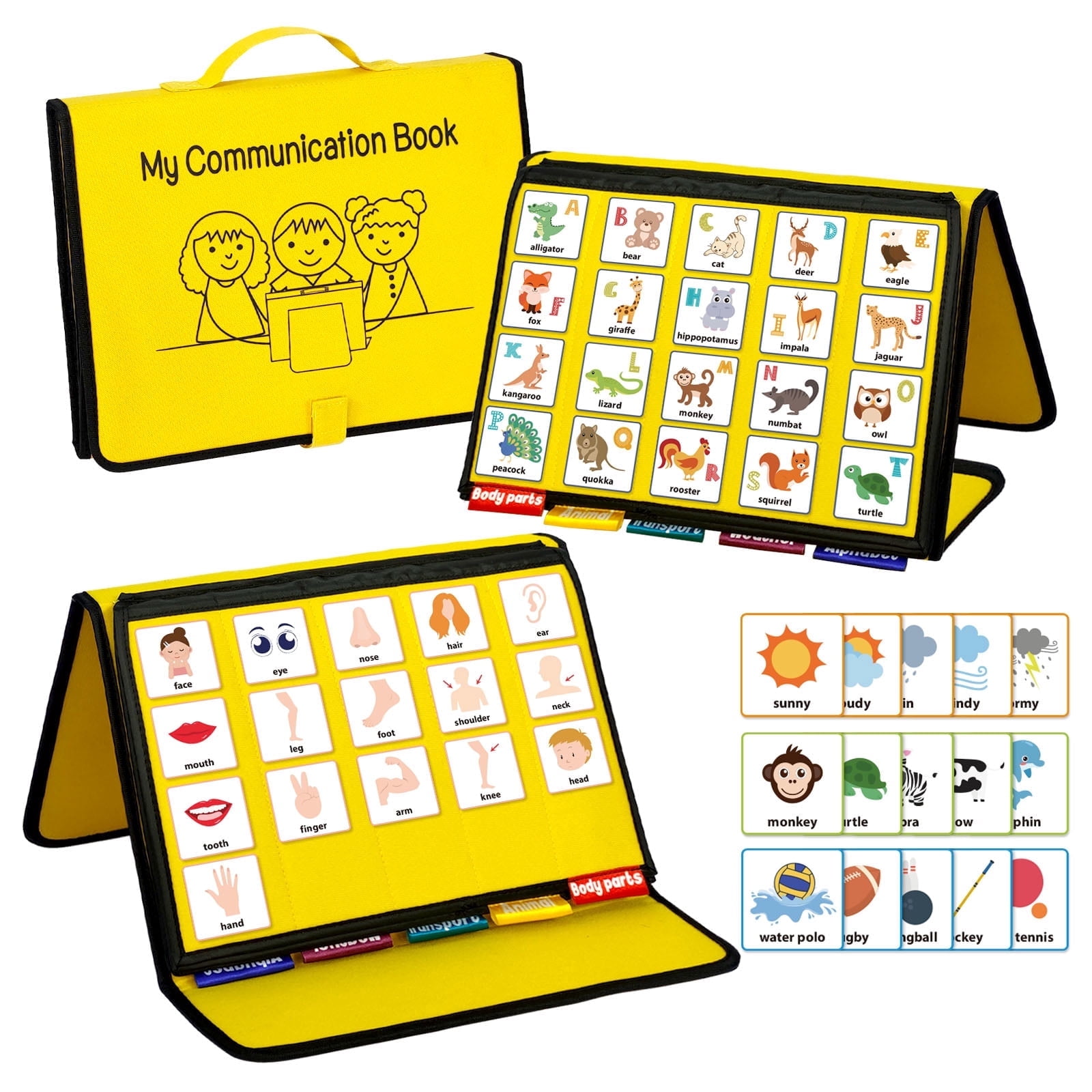 Godery Visual Communication Book PECS with 26 Alphabet Letters & Animals, Weather, Transport, Portable Storage Pocket, Fine Motor Skills & Speech Development Toy for Autism Special Needs Montessori B