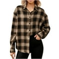 thumbnail image 3 of UVEASISHA Lightweight Shacket Women Long Sleeve Plaid Shirt Jackets Boyfriend Button Down Shirts Business Casual Loose Blouses Birthday Gifts Khaki XS, 3 of 8