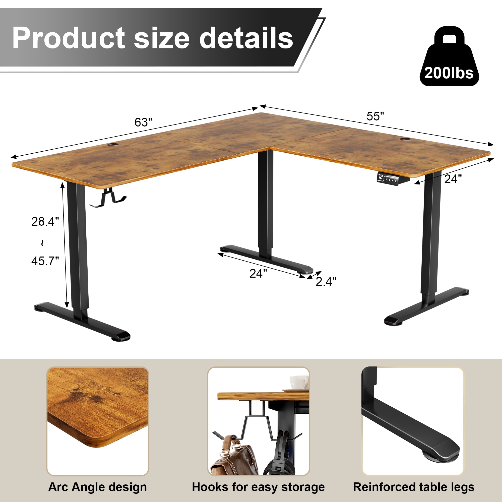 Homall 63in Wide L-shaped Electric Sit-Stand Desk Lifting Range 28~46in Height Gear Memory Ergonomics Standing Desk Height Adjustable Computer Desk, Brown
