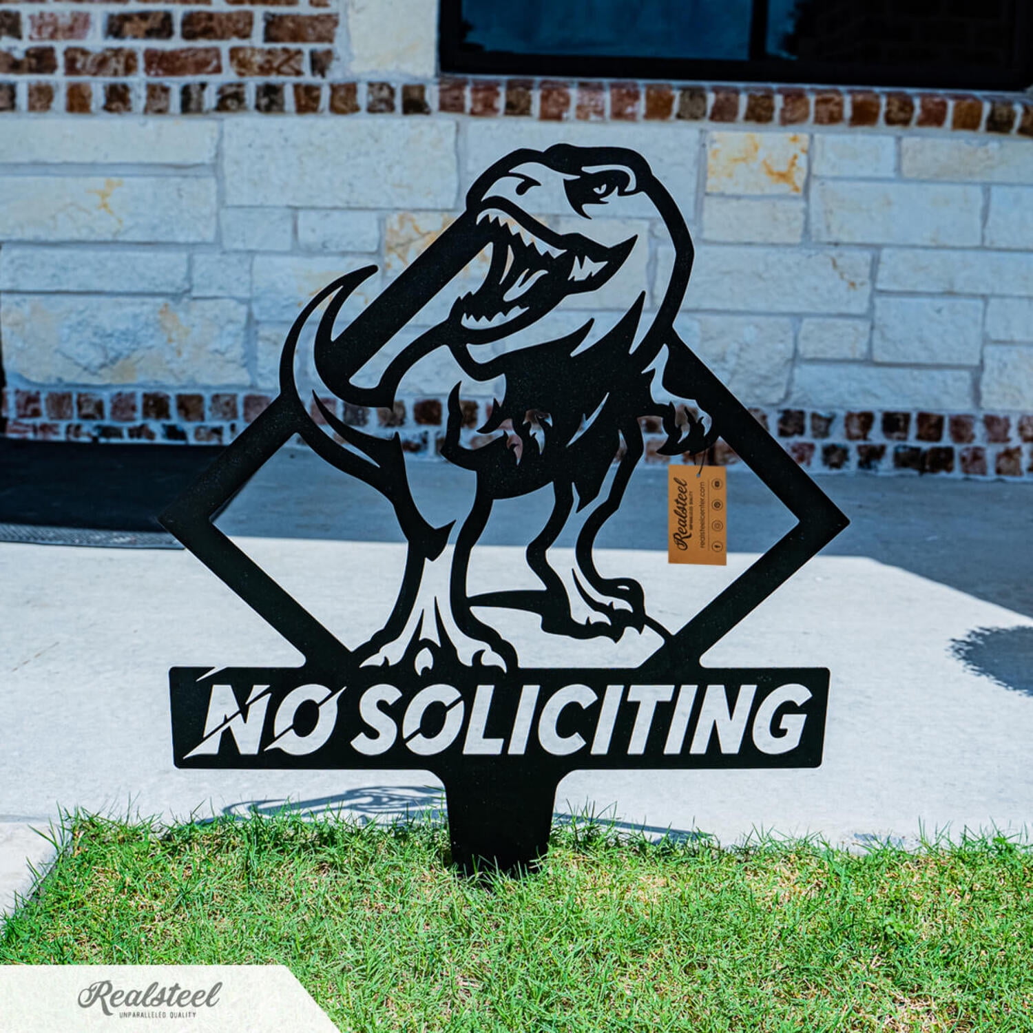 RealSteel Garden Art - No Soliciting T-Rex Yard Sign, Durable Outdoor Decoration (Rust)