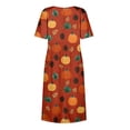 thumbnail image 6 of Women's Round Neck Halloween Patchwork Print Dress with Pockets Short Sleeve Loose Midi Dress Casual Fall Outfit for Daily Wear Saffron M, 6 of 6