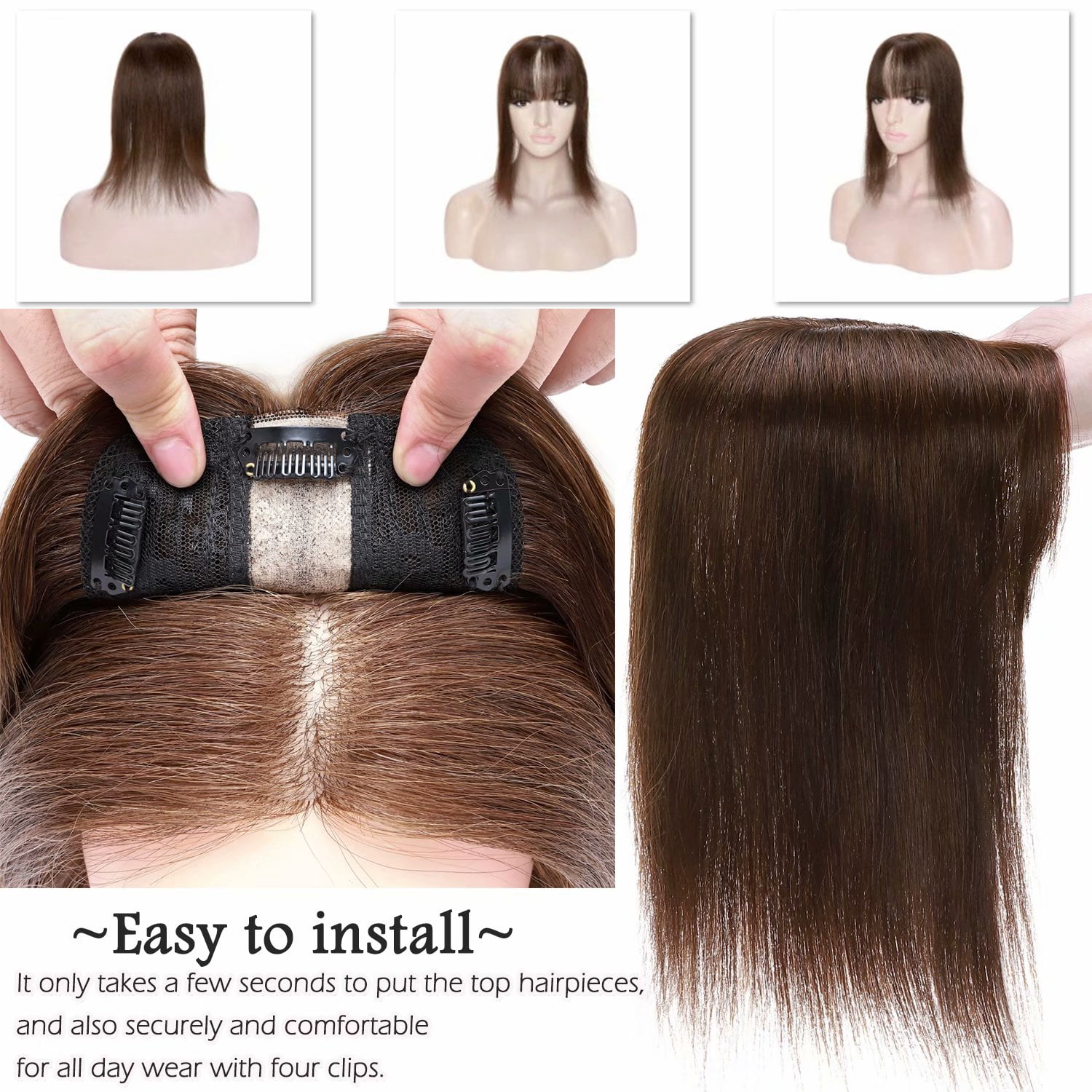 Benehair 100% Real Remy Human Hair Extensions Silk Base Clip In Topper Toupee Hairpiece With Bangs for Women Hair Loss Brown