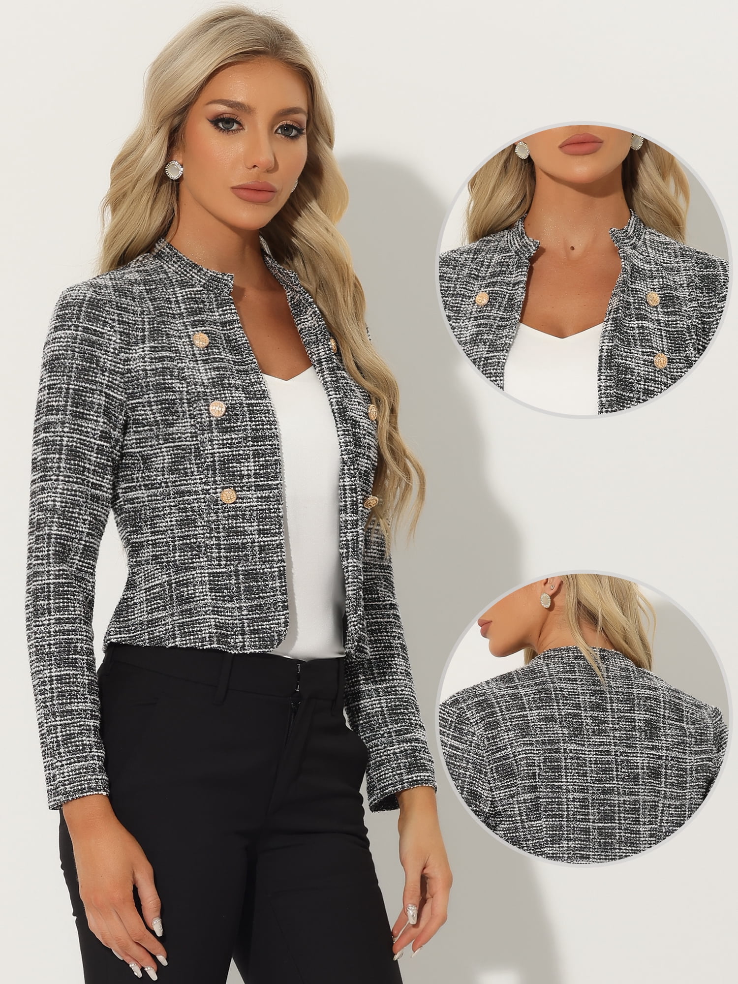 DARING DIVA Women's Elegant Stand Collar Business Plaid Tweed Blazer M Black