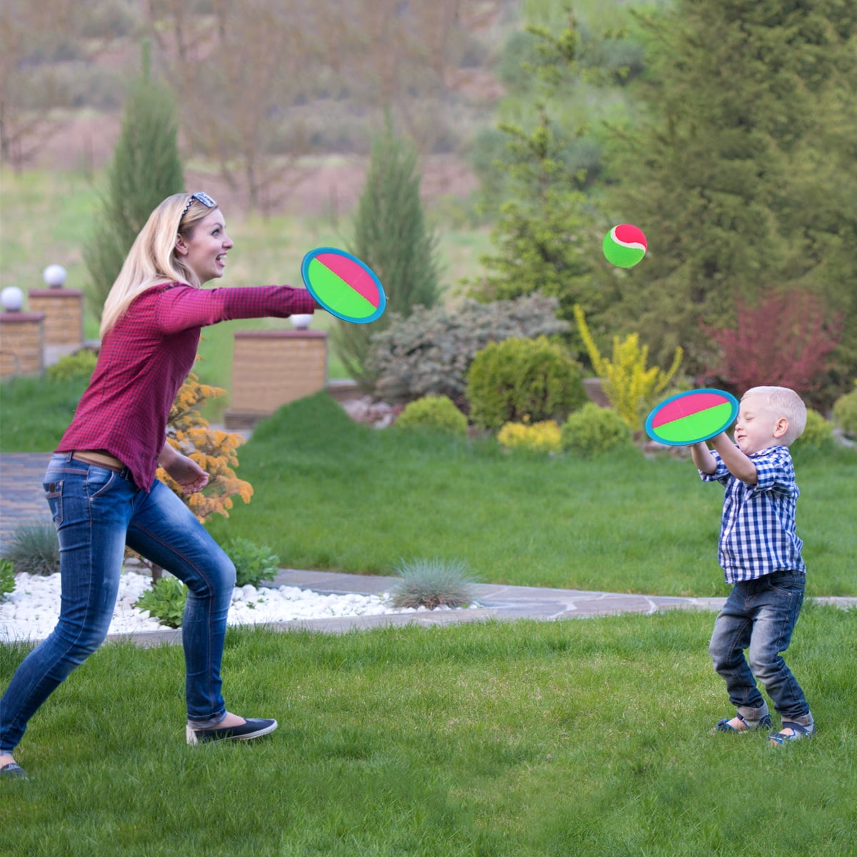 PLAYZAP Toss and Catch Ball Set - Outdoor Toys for Kids ages 3 4-8, Beach Toys Outside Yard Pool Lawn Games, Gifts for Boys Girls Adults Family - 2 Paddles 2 Sticky Balls(Upgraded)