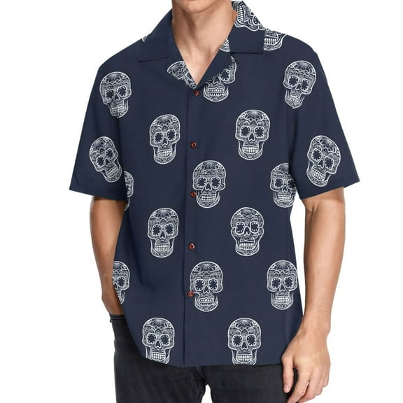 joogoo Men's Hawaiian Shirt Skulls Pattern Short Sleeve Casual Button Down Shirts M