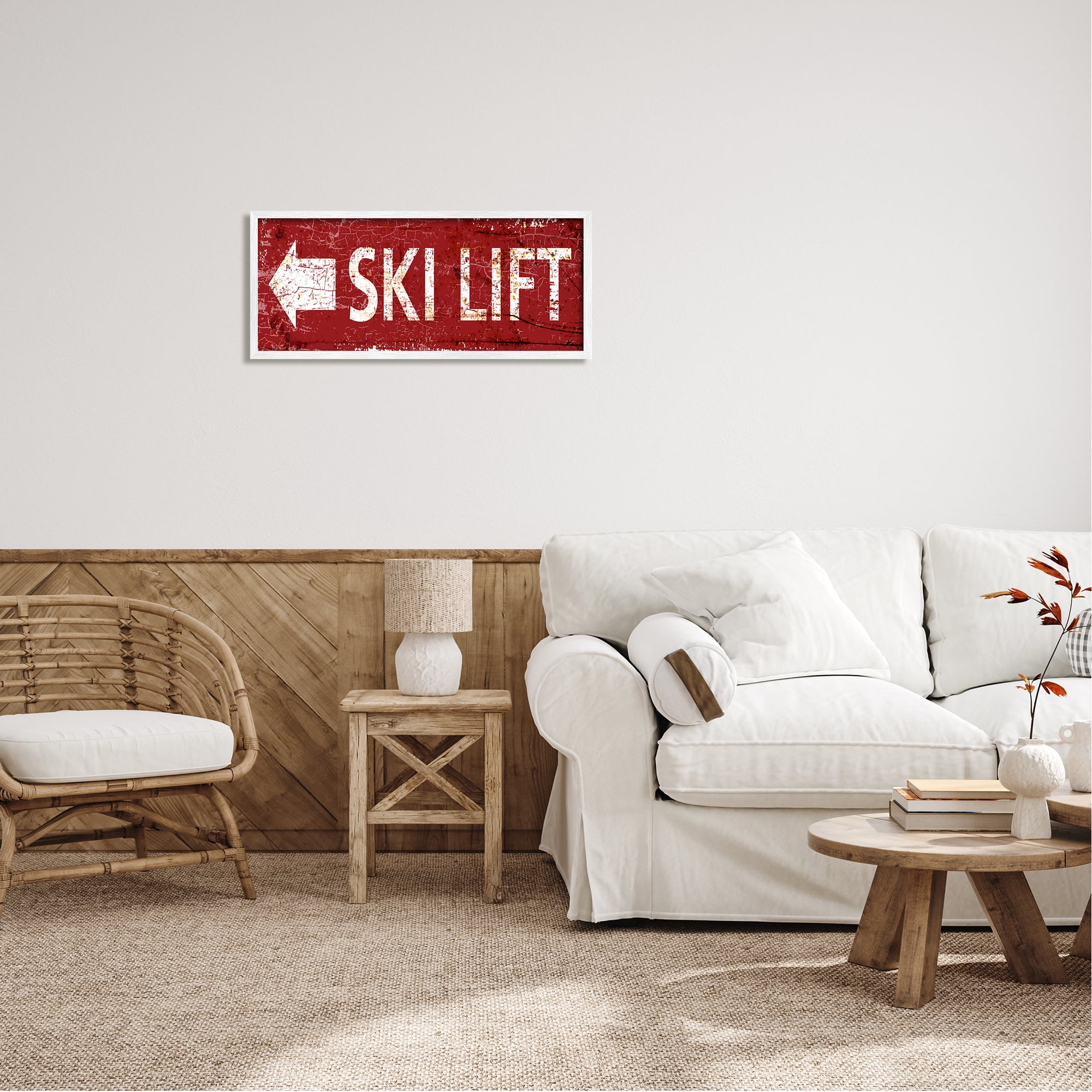 Stupell Industries Ski Lift Arrow Pointing Left Sports Painting White Framed Art Print Wall Art, 30 x 13