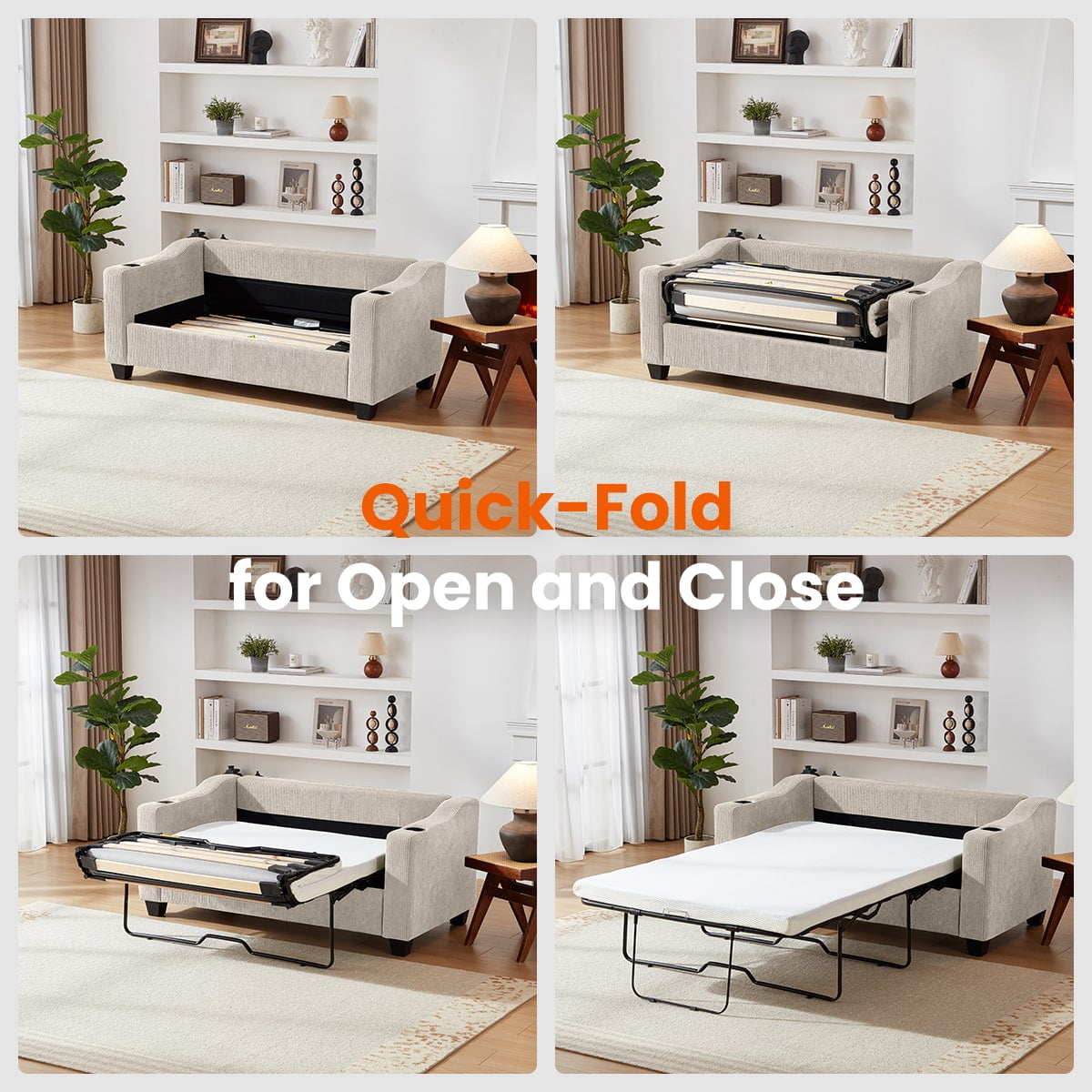 CHIC HOUSE Pull Out Sofa Bed Couch Full Size with Mattress USB, Convertible Sleeper Sofa Loveseat for Small Spaces RV, Corduroy Pull Out Couch Bed for Living Room with Cup Holders LED Lights, Beige