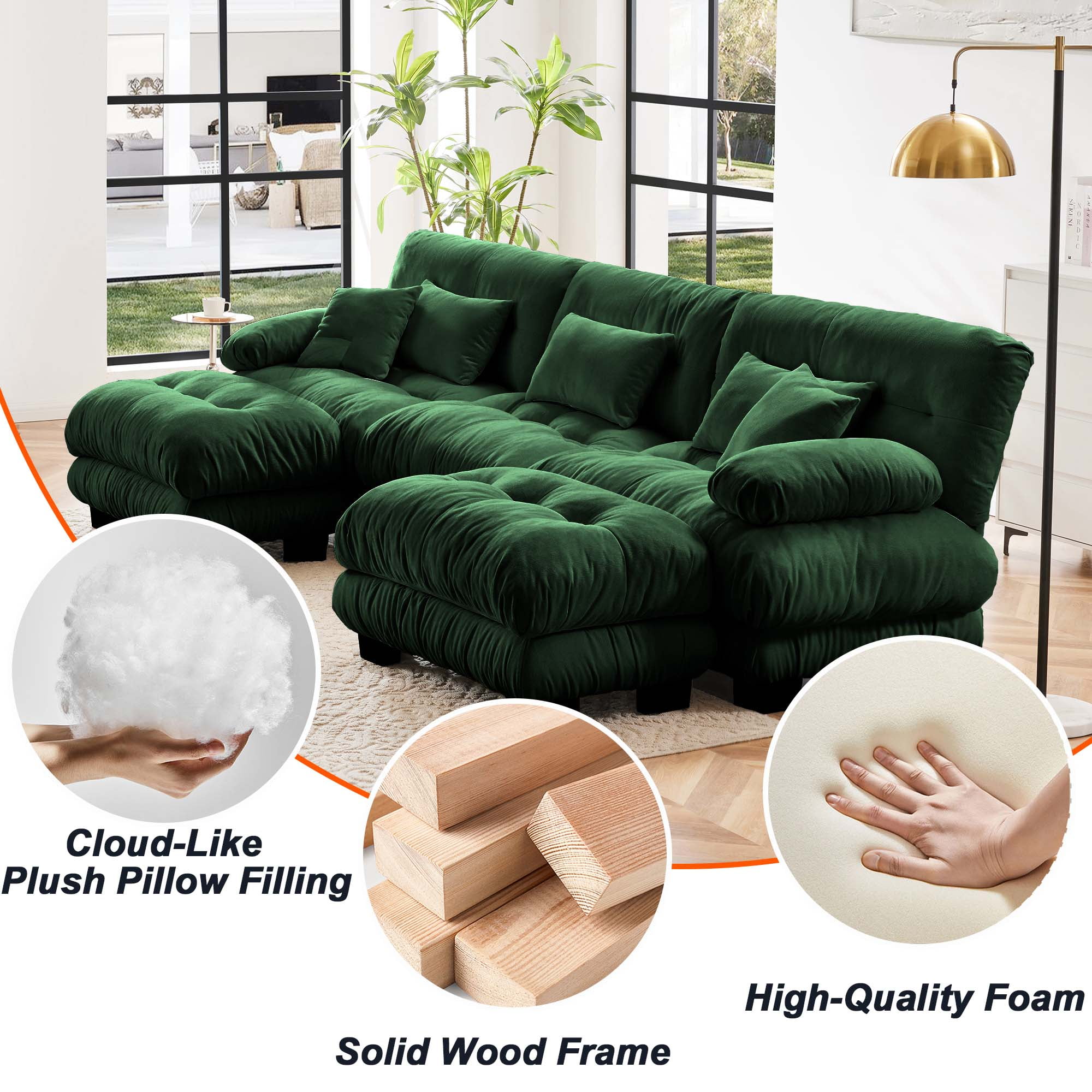 133.8"Cloud Chenille 3-Seat Sofa with 2 Moveable Ottomans, Oversized Deep Seat Modular Lounge Couch,Green