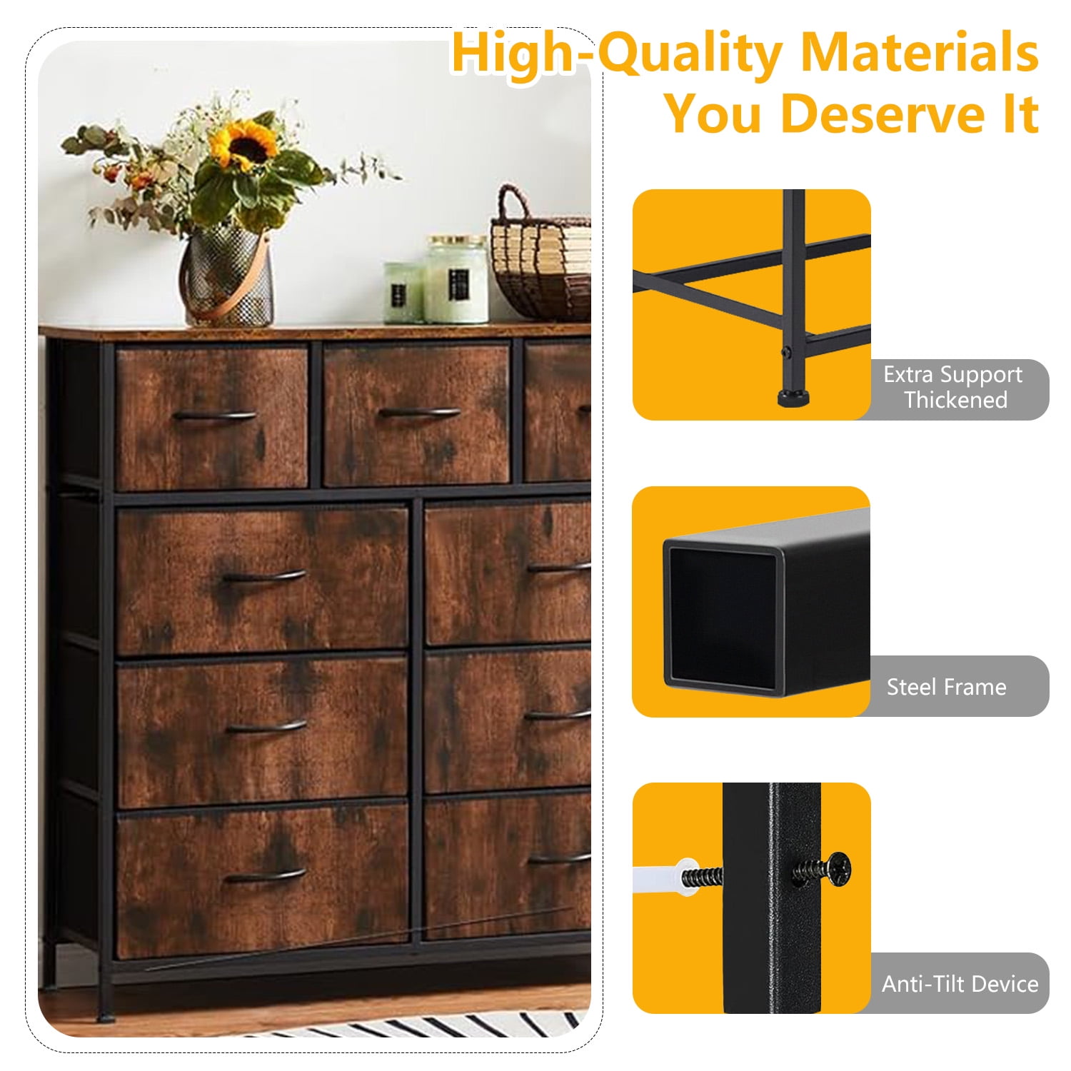 9-Drawer Fabric Dresser with Wood Top - Compact Storage Organizer for Bedroom, Closet, Brown