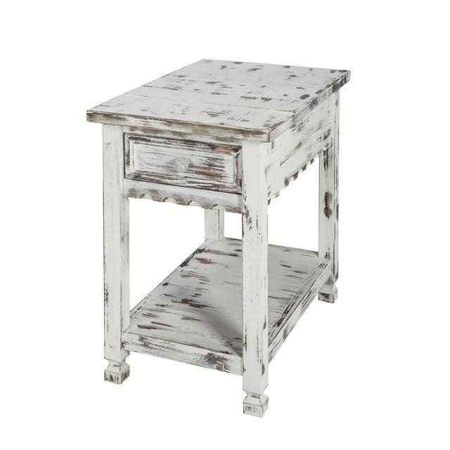 Rustic Cottage Chairside End Table with 1 Drawer and 1 Shelf, White Antique