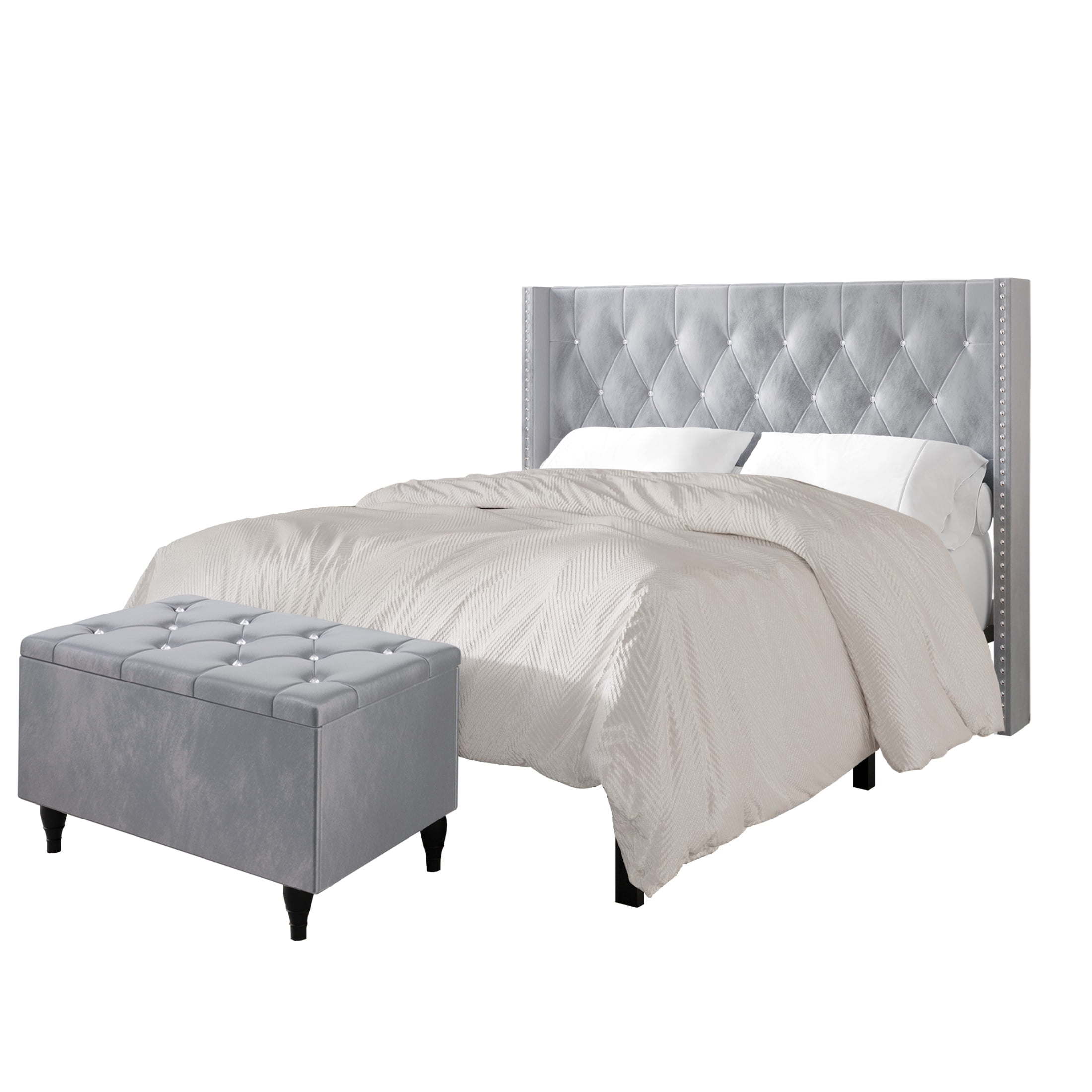 Castle Place Button Tufted Wingback Velvet Upholstered Bed with Storage Bench, Silver Grey, Queen