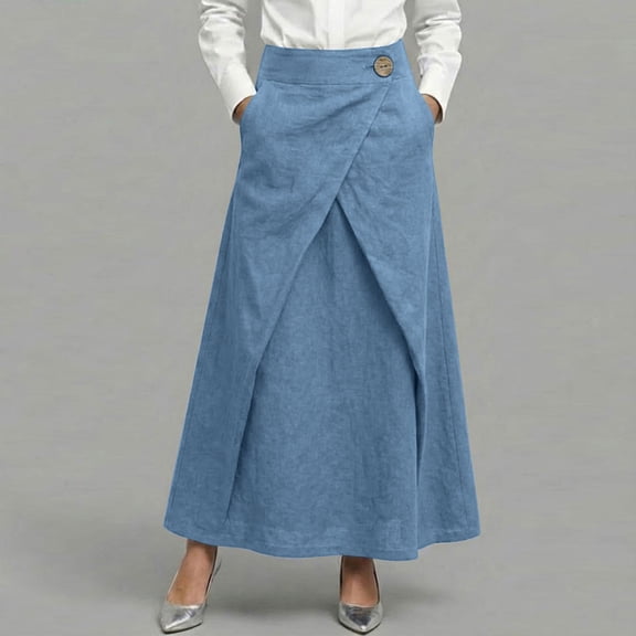 SOOMLON Wrap Skirts for Women Plus Size Elastic Waist Maxi Skirt Blue Linen Long Skirt Versatile Summer Skirts