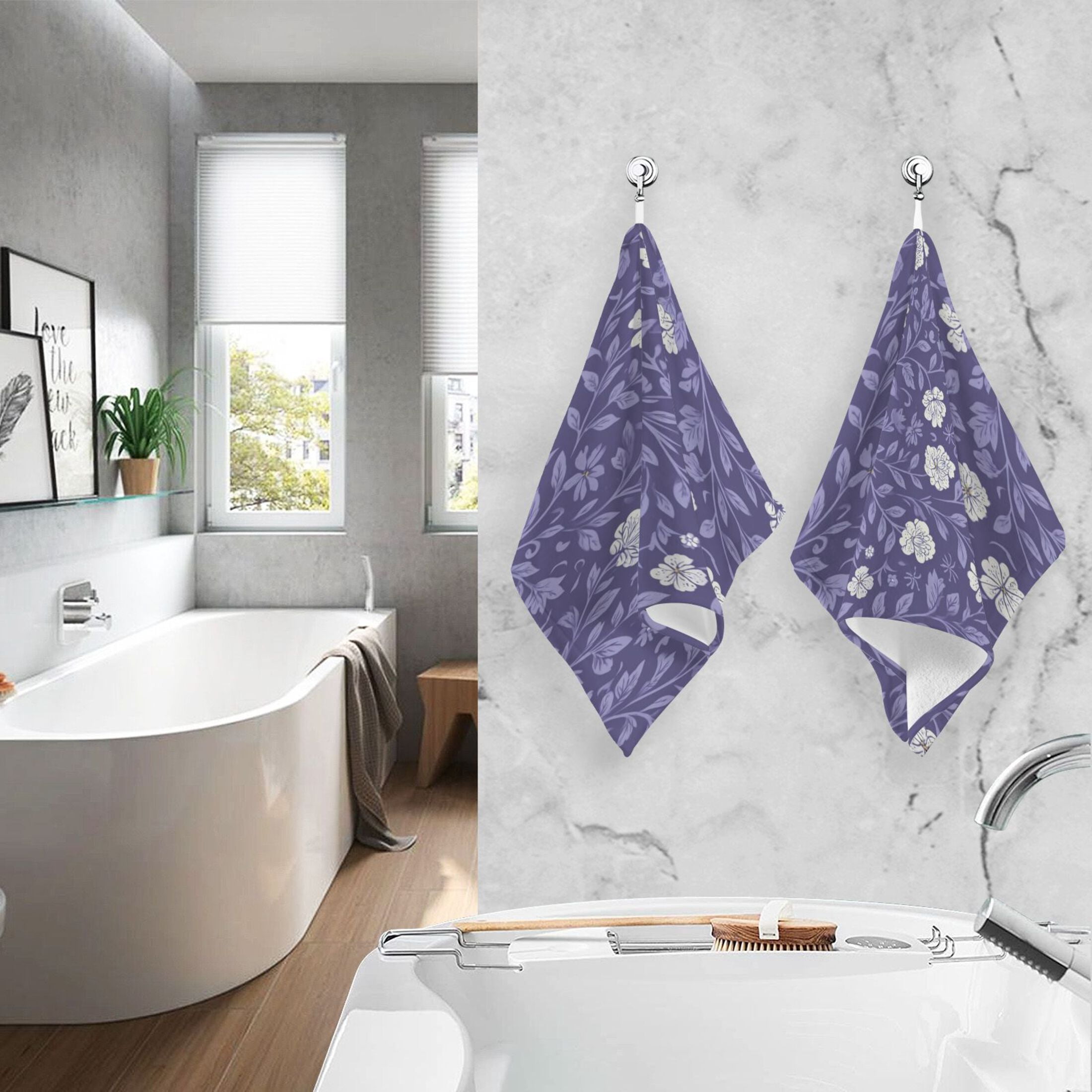 2 Pieces of Cotton Towel Face Towel Set Hand Towel Bath Towel Cotton Bath Towel Sets Dark Purple Leaves and Flowers
