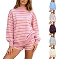 thumbnail image 3 of VOUZZA Womens Mock Neck Sweatshirt Striped 2 Piece Matching Set Long Sleeve Drop Shoulder Top And Shorts Ribbed Trim Relaxed Lounge Outfit, 3 of 6