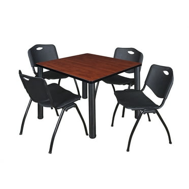 Belen Kox Kee 42" Square Breakroom Table- Cherry/ Black & 4 'M' Stack Chairs- Black