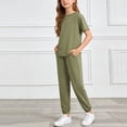 thumbnail image 6 of Ruiwill Girls Outfit Set Crew Neck Short Sleeve Solid Color Tops With Pants Set Summer Dailywear Casual Lightweight Girls Clothes Set Size 6-7 Years Army Green, 6 of 6