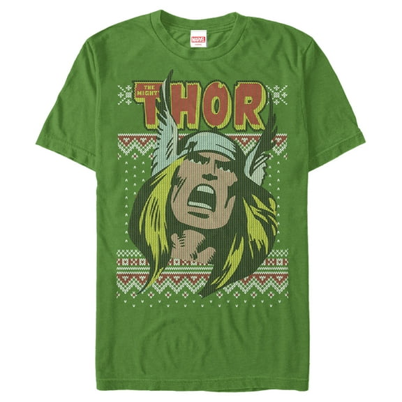 Men's Marvel Thor Retro Comic Holiday Ugly Sweater Graphic Tee Kelly Green 3X Large