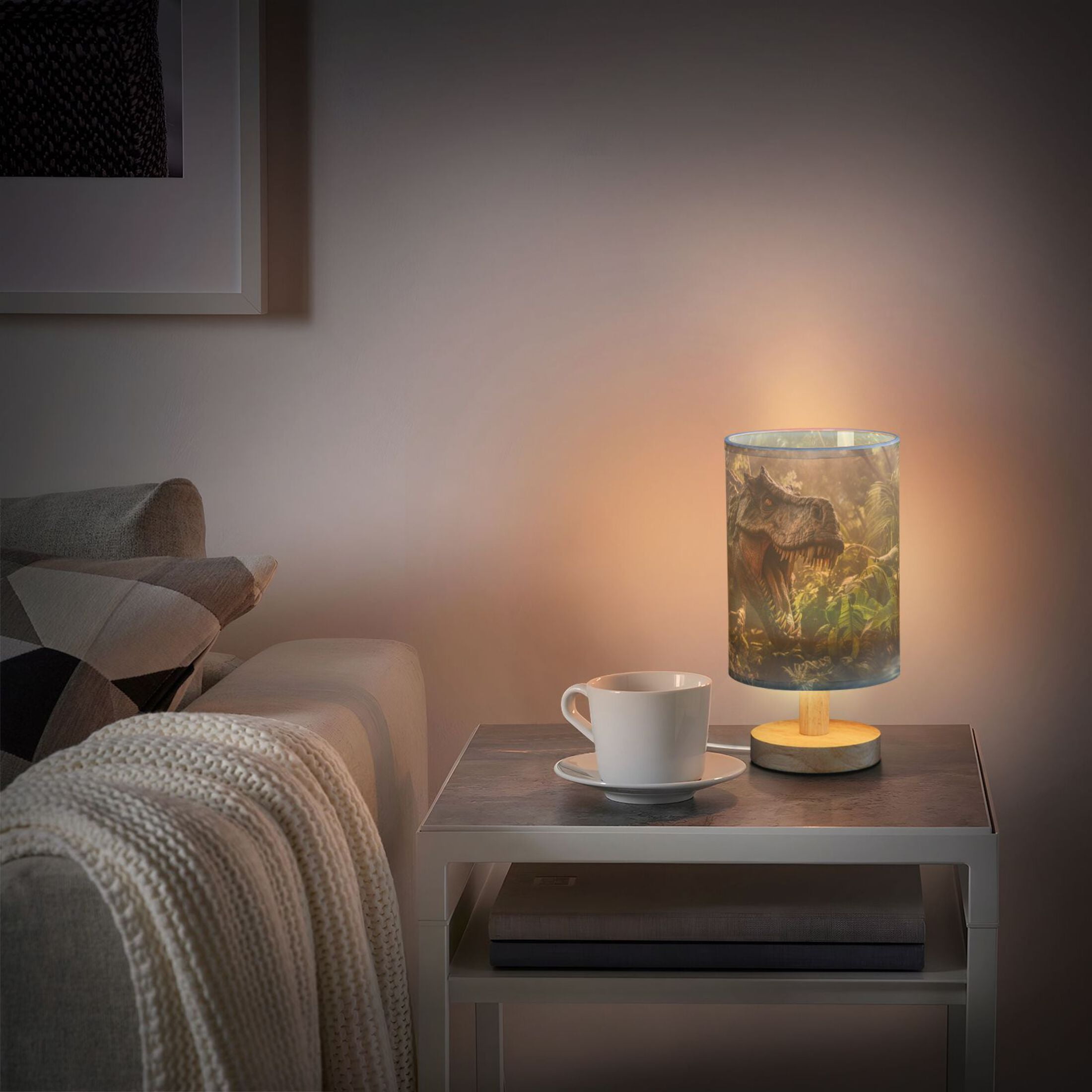 Dinosaur Leaves Trees Sunlight Table Lamp USB Bedside Desk Nightstand Lamp Printed Gifts Small Lamp Wood Base for Bedroom Living Room Kids Room College Dorm
