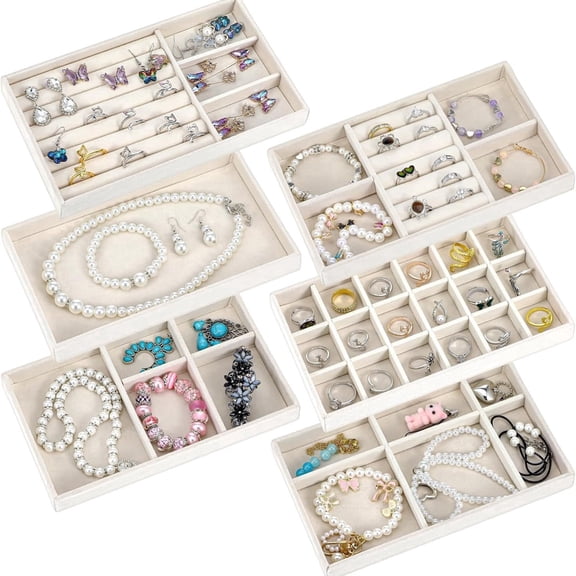 Velvet Jewelry Drawer Organizer Trays – 6 Layer Stackable Jewelry Storage Inserts Set, Necklaces, Bracelets with Removable Dividers for Dresser & Vanity(Beige)