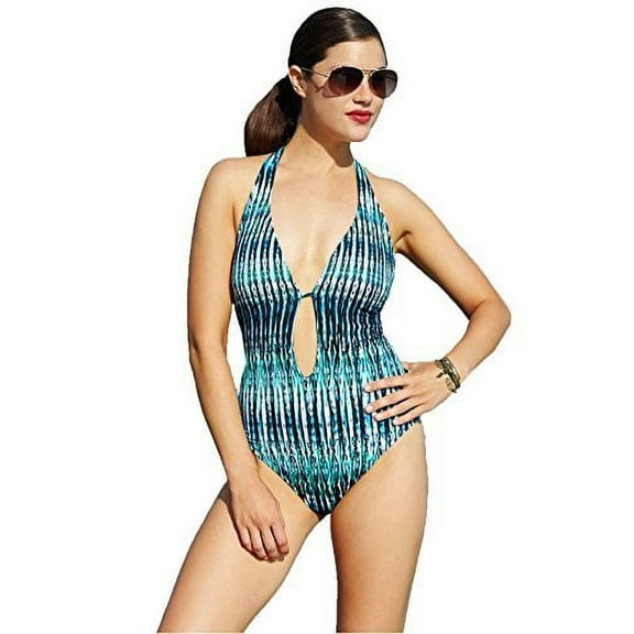 Bar III INDIGO Printed Plunge Lace-up One-Piece Swimsuit, US Medium
