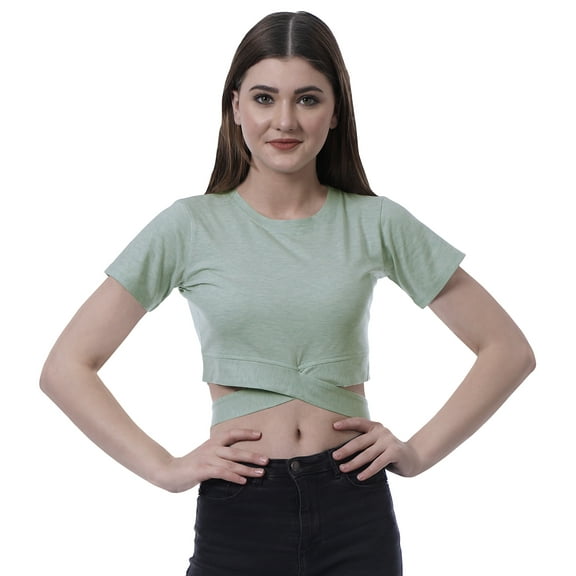 Moomaya Women Criss Cross Hem Top Short Sleeve Round Neck Tee Shirt Blouse Tops