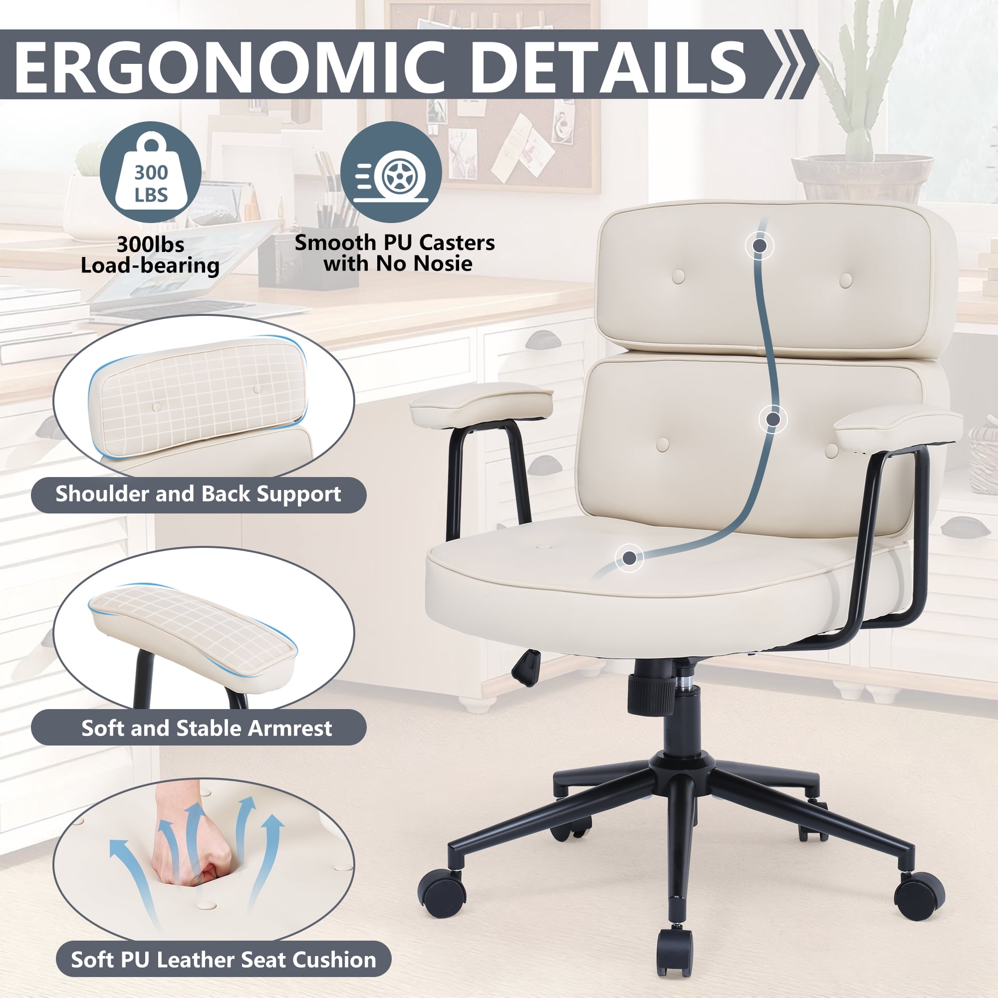ENYLAY PU Leather Executive Office Chair, Extra Wide Ergonomic Computer Chair with Lumbar Support, Swivel Rocking, Adjustable Height & Thickened Cushions, Mid Back (White)