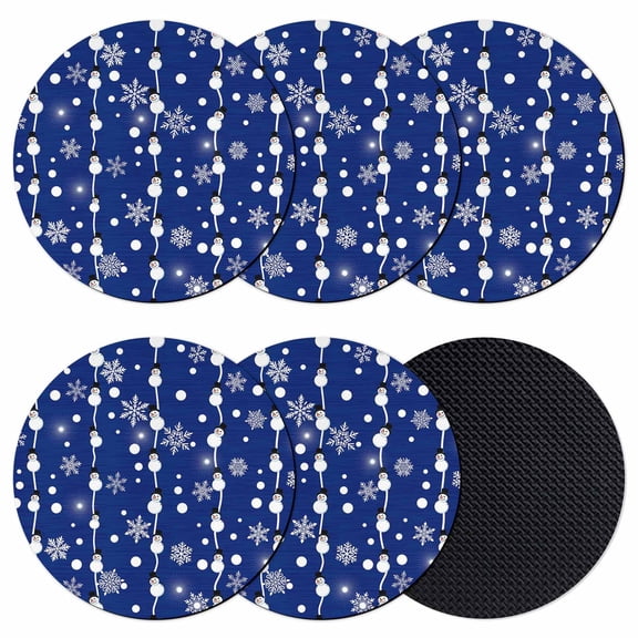 Christmas Snowman Blue Coasters Set of 6, Absorbent Coasters for Drinks, Winter Snowflakes Xmas Retro Coaster for Desk Coffee Table Protection, Home Decor House Warming Gifts 4"