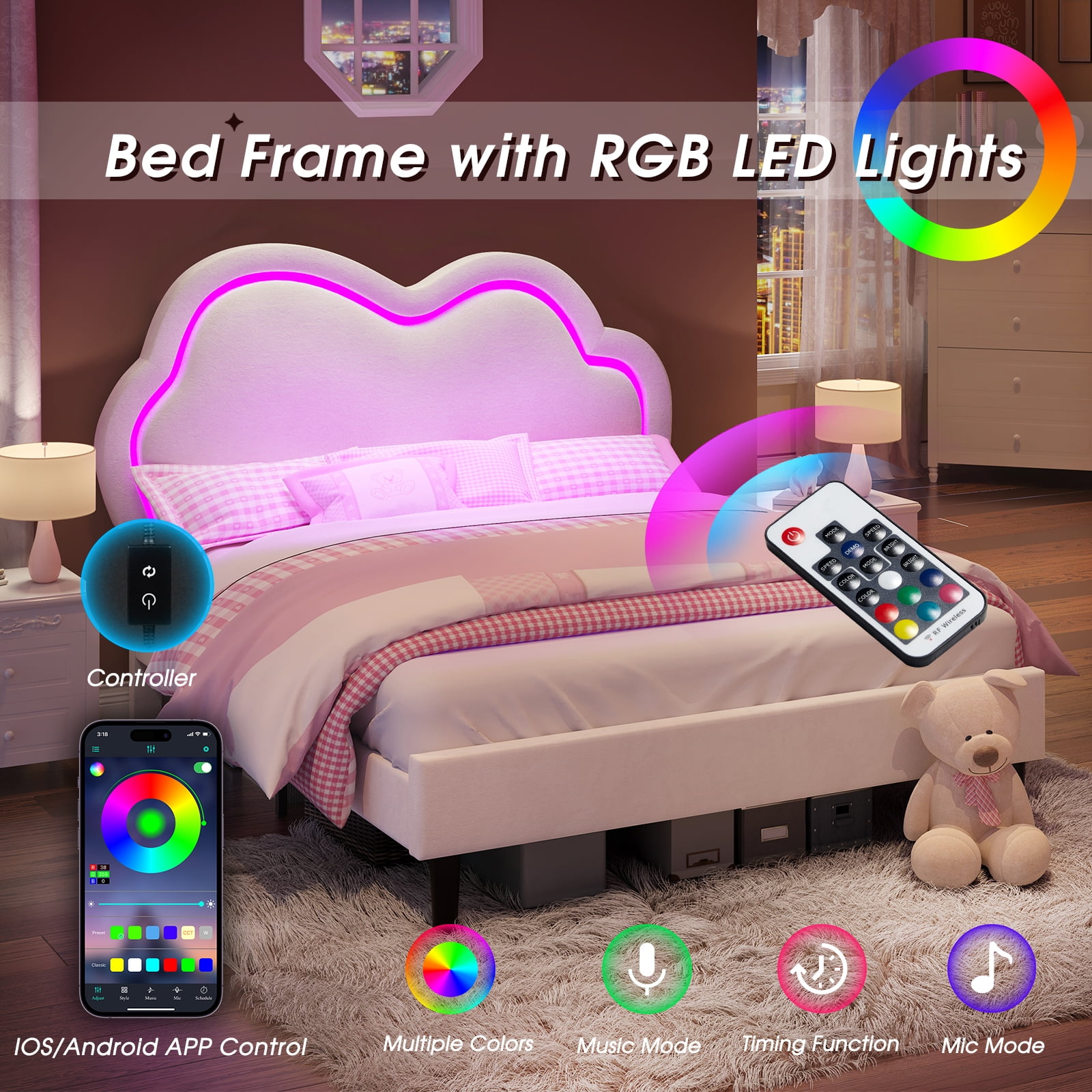 Merluxy Full Bed Frame with LED Light,Adjustable Cloud Headboard,No Box Spring Needed,Cream