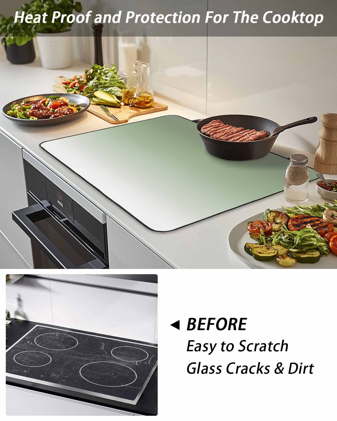 Stove Top Covers for Electric Stove, Sage Green Glass Stovetop Cover Protector, Farmhouse Sage Green Ombre Induction Cooktop Protector Oven Mat for Kitchen Countertop 24"x21"