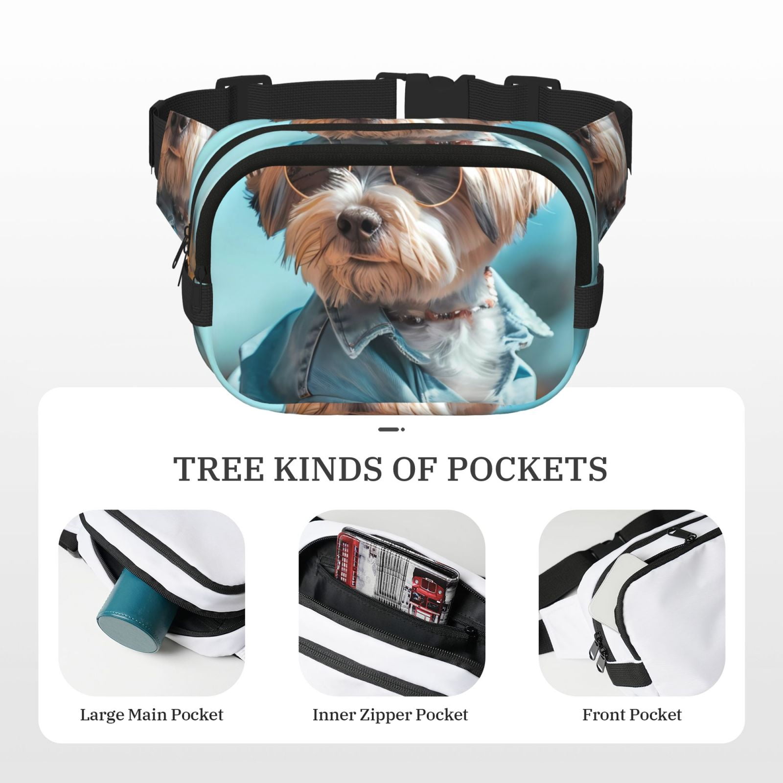 Picia Stylish Dog in Denim Outfit Print Square Double-Layer Waist Bag Mini Adjustable Waist Belt Bag Exercise Running Travel Hiking