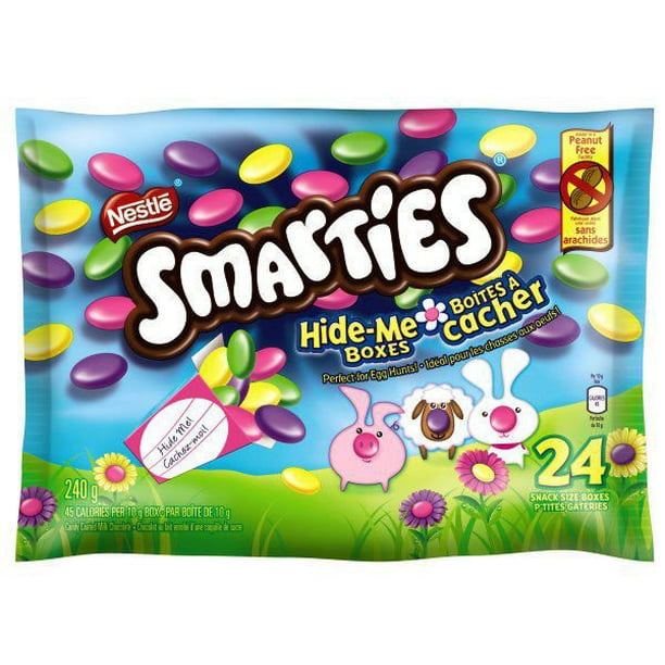 Boîtes de bonbons enrobés au chocolat au lait Cache-moi de Smarties par Nestlé