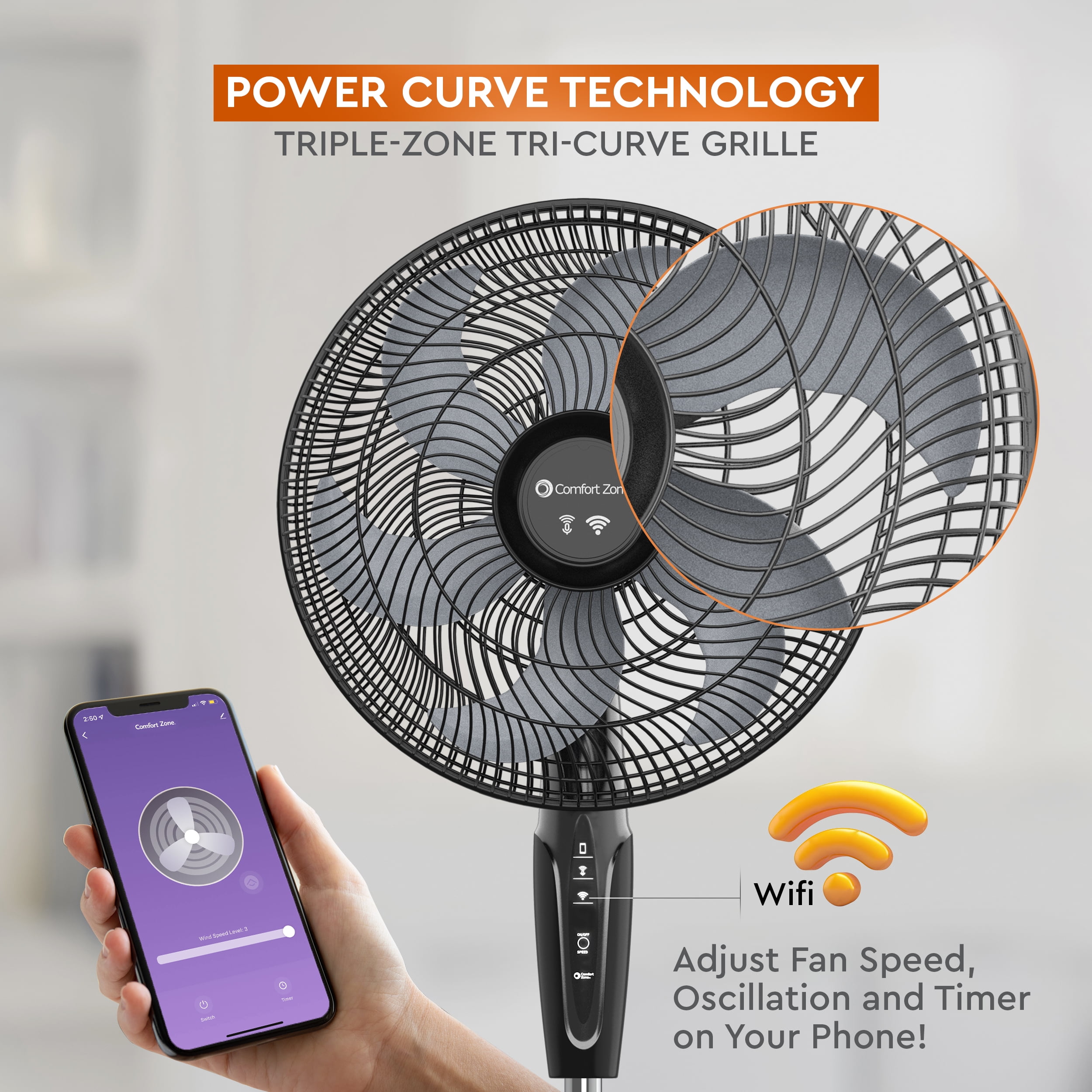 Comfort Zone 18 in. Oscillating Stand Fan, Adjustable Height, Tilt, Wi-Fi