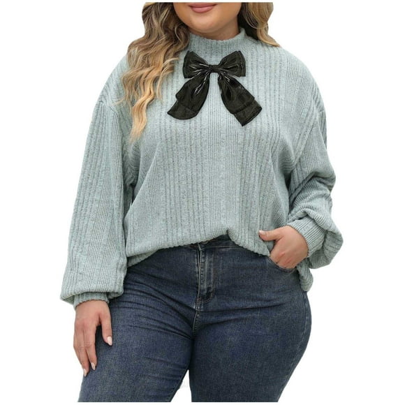 biudgviw Plus Size Tops for Women Bow Tie Front Turtleneck Pullover Shirts Oversized Casual Textured Lantern Sleeve Blouses