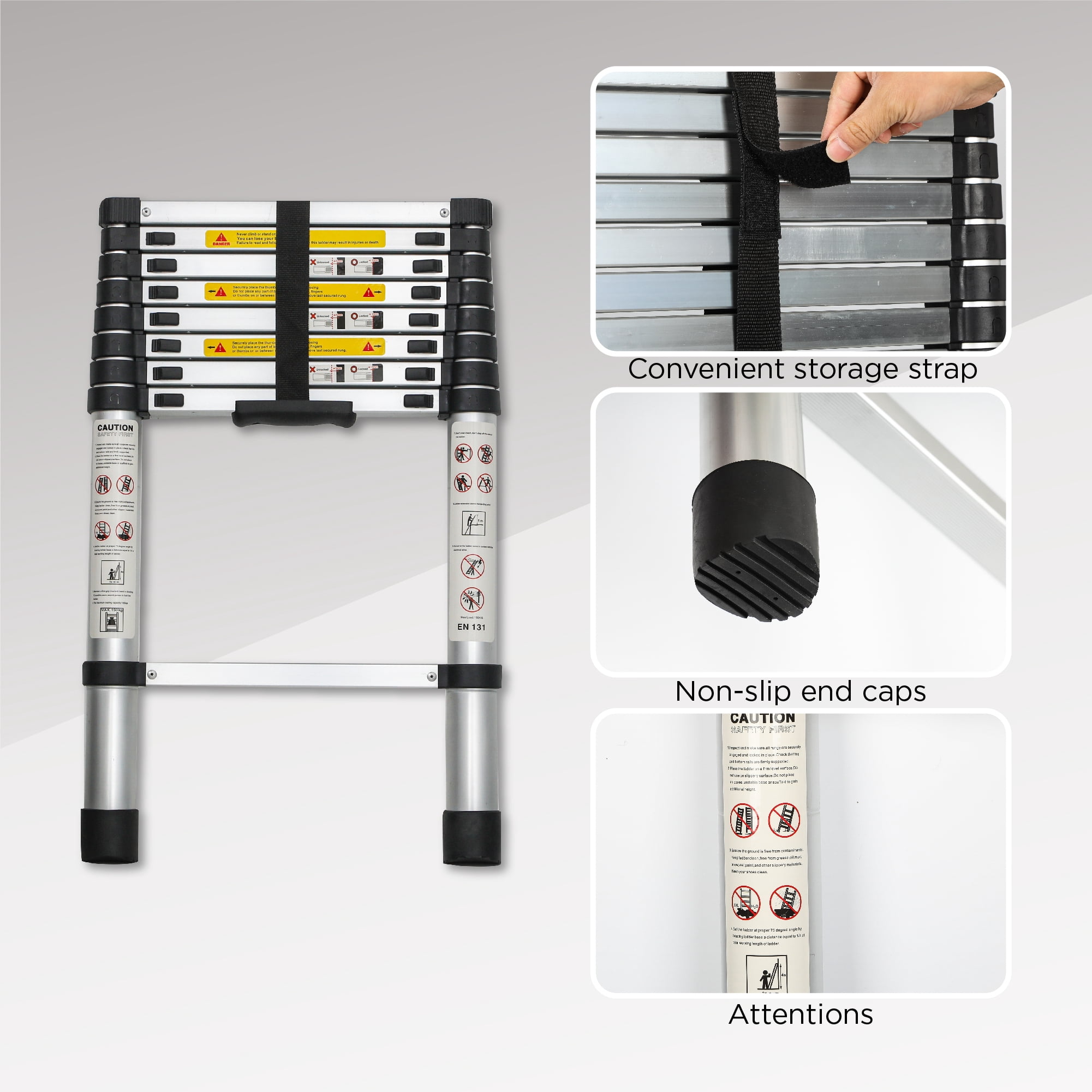 Heavy-Duty 8.5-Foot Telescoping Ladder with Aluminum Alloy Construction, Folding Extension Ladder for Indoor and Outdoor Use, 300 lb Capacity, Black