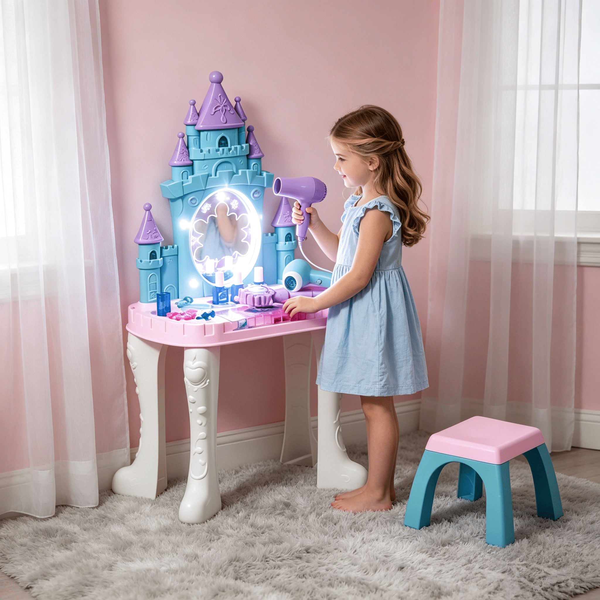 Girls Vanity Set, Castle Design Makeup Table with Mirror, Stool, Light, Music for 3-6 Years Old, Multicolor
