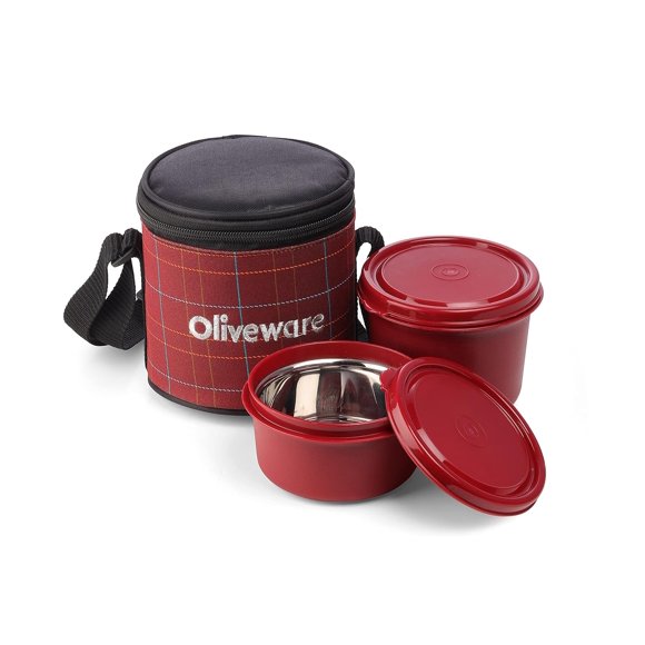Cleo Boîte à Lunch avec Sac en Tissu de Qualité Supérieure - Rouge / 2 Contenants Intérieurs en Acier avec Couvercles Hermétiques, 450 ml et 600 ml - Sans BPA, Va au Micro-Ondes et Étanche