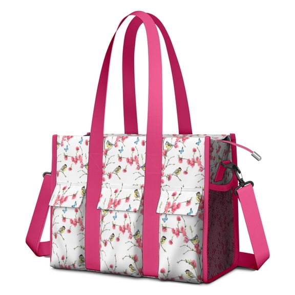 Teacher Tote Bag,Pioneer Flower Floral Print Pattern Teacher Utility Tote Bag,Large Work Tote Bags for Women with Multiple Pockets,Top Zipper Closure,13.8x10.6x6.7 Inch