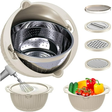 4-in-1 Colander and Mixing Bowl Set - Pasta Strainer, Salad Spinner, Fruit/Veggie Washer with Non-Slip Base, Dishwasher Safe Kitchen Essentials, Beige