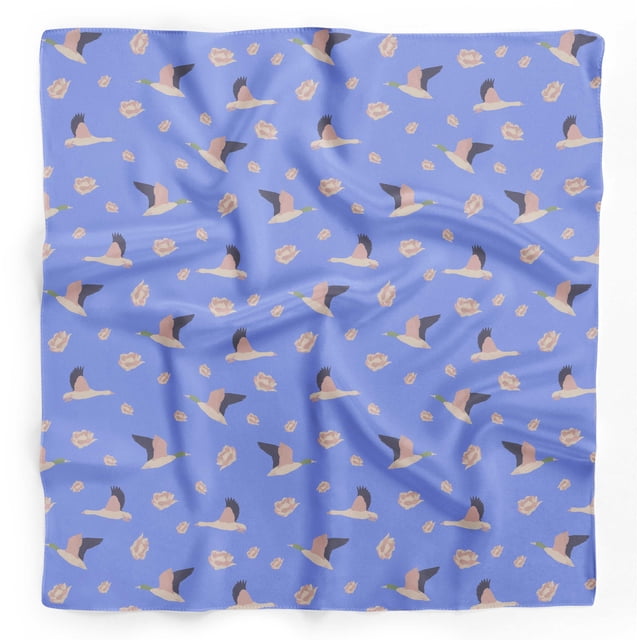 Bimba Blue Ranunculus & Stork Bird Printed Pure Silk Scarf Neck Wrap Summer Hair Bandanas For Women 40 x 40 Inches