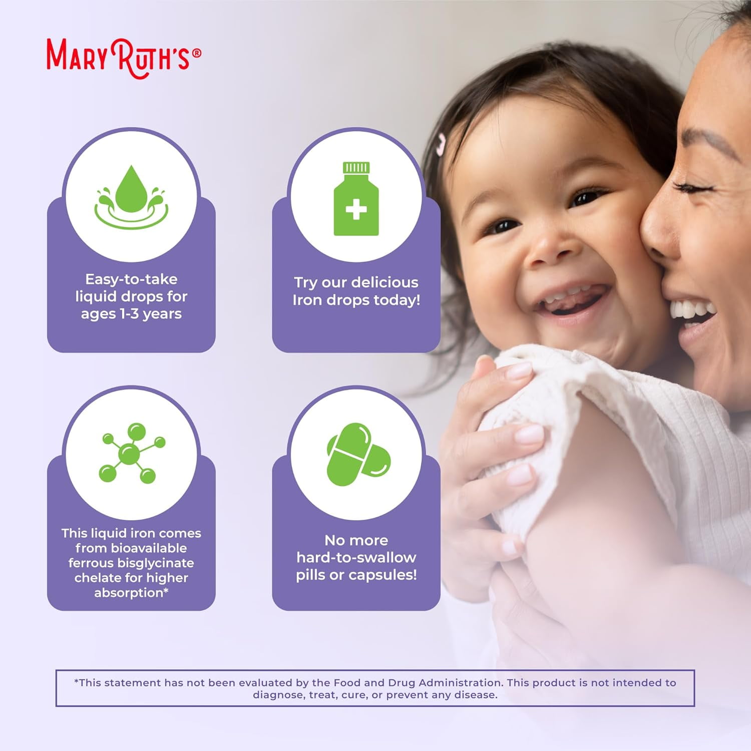 MaryRuth's USDA Organic Toddler Iron Liquid Drops for Ages 1-3, Grape, 2 oz
