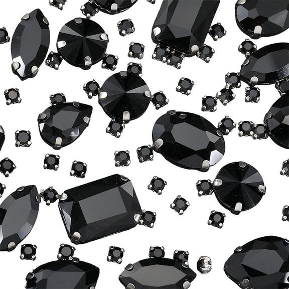 156Pcs 7 Styles Black Glass Sew on Rhinestones Prong Set Crystals Jet Flatback Claw Faceted Small Rectangle Round Teardrop Gems Accessories for