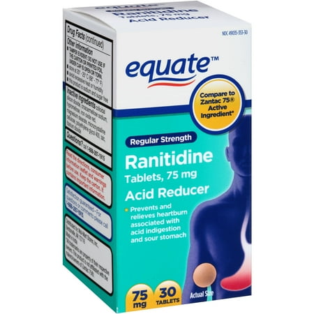 Equate Regular Strength Acid Reducer Ranitidine Tablets, 75 mg, 30 Ct